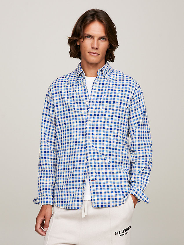 blue two-tone gingham regular fit oxford shirt for men tommy hilfiger
