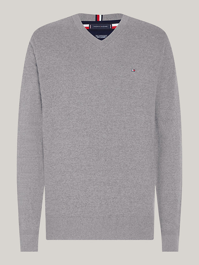 grey plus regular fit pullover mit v-ausschnitt für herren - tommy hilfiger