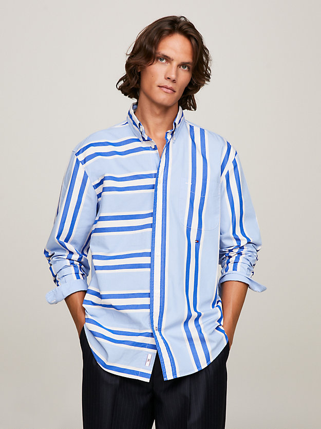 camicia regular fit con mix di righe blu da uomini tommy hilfiger