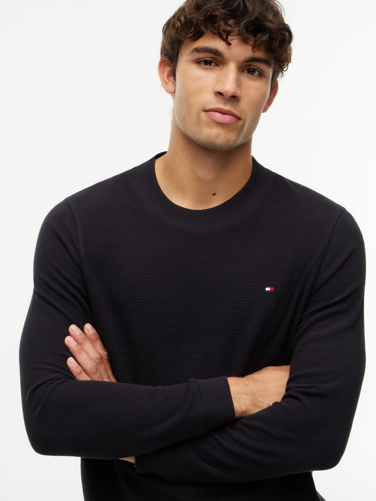 Waffle Knit Long Sleeve T-Shirt — Black