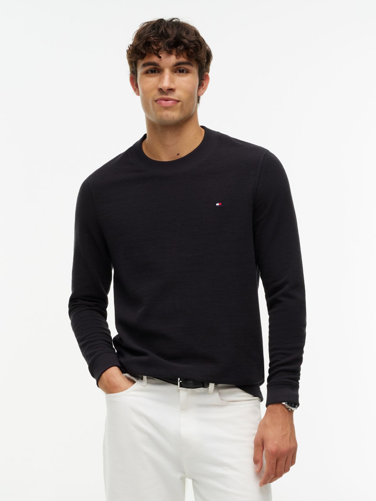 Waffle Knit Long Sleeve T-Shirt — Black