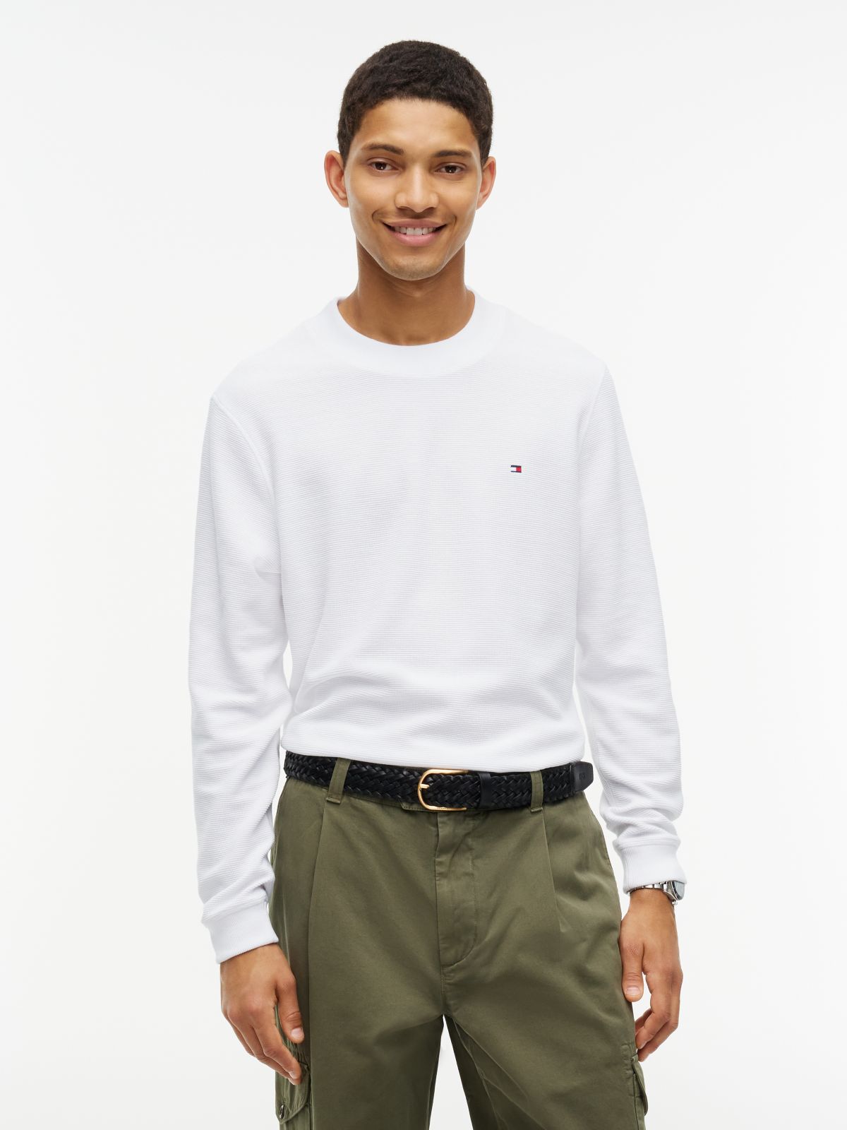 Waffle Knit Long Sleeve T-Shirt — White