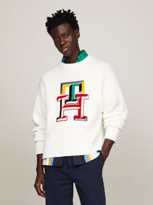 TH Monogram Relaxed Fit Rippstrick-Pullover | Weiß | Tommy Hilfiger 