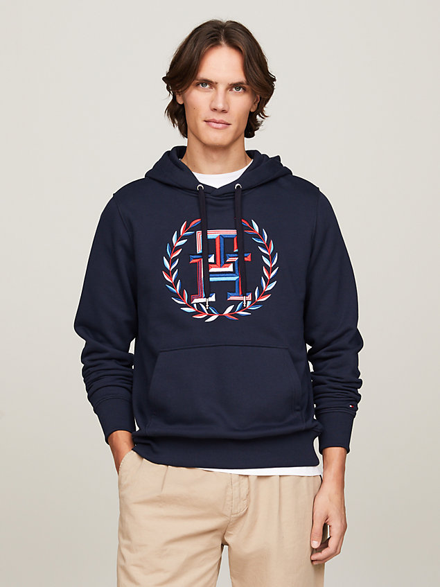 blue logo embroidery drawstring hoody for men tommy hilfiger
