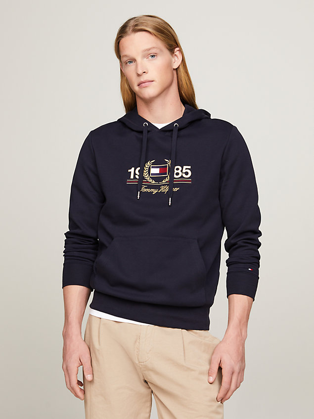 blue chest logo embroidery drawstring hoody for men tommy hilfiger