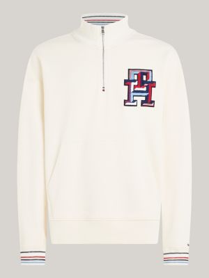 TH Monogram Tipped Quarter Zip Sweatshirt Beige Tommy Hilfiger