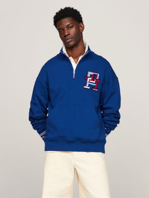 TH Monogram Tipped Quarter Zip Sweatshirt Blue Tommy Hilfiger