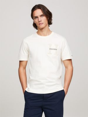 beige t-shirt mit bouclé-logo für herren - tommy hilfiger