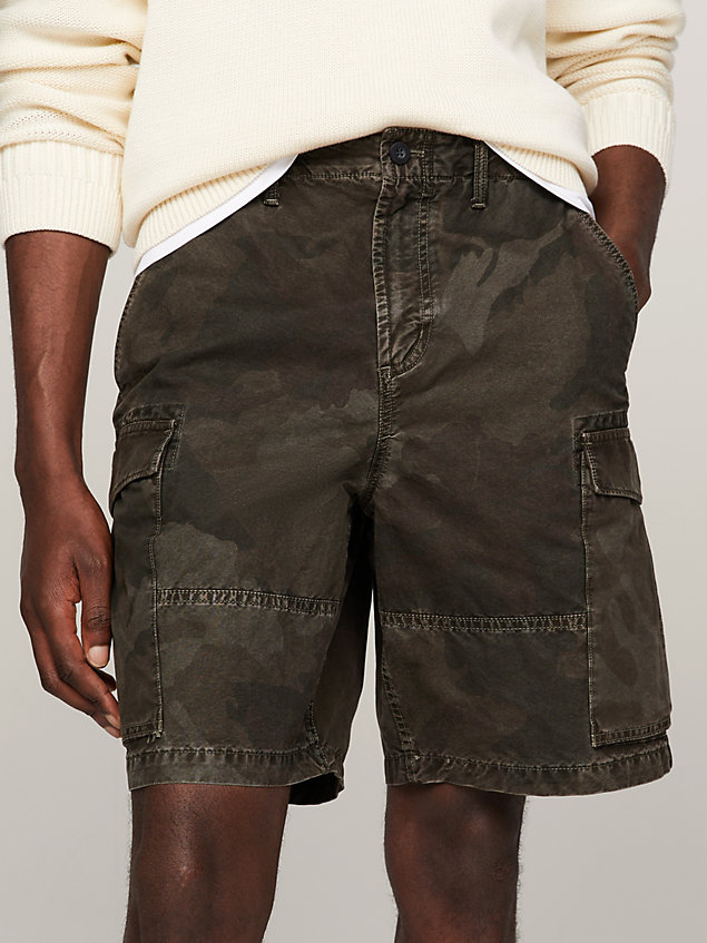 khaki print relaxed fit cargo shorts for men tommy hilfiger