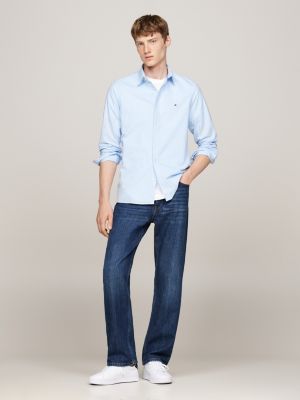 blauw slim fit poplin overhemd met micro-ginghamruit voor heren - tommy hilfiger