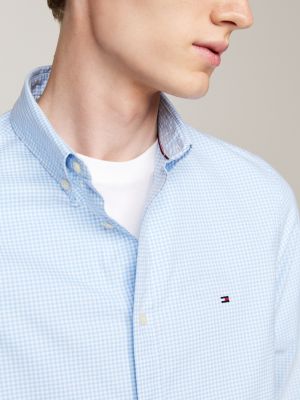 chemise ajustée en popeline à carreaux vichy bleu pour hommes tommy hilfiger