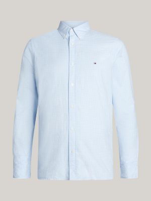 chemise ajustée en popeline à carreaux vichy bleu pour hommes tommy hilfiger