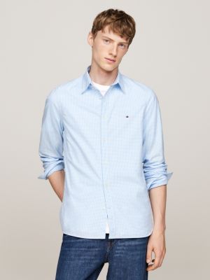 chemise ajustée en popeline à carreaux vichy bleu pour hommes tommy hilfiger