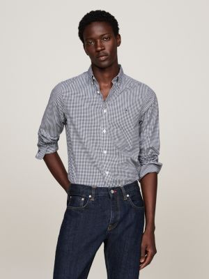 blue micro gingham poplin slim shirt for men tommy hilfiger