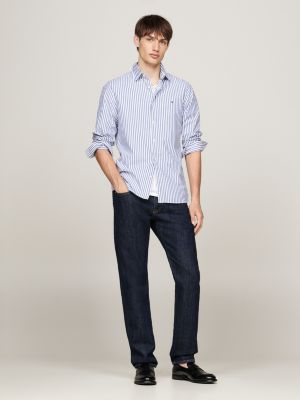 camicia th flex slim fit in popeline a righe blu da uomini tommy hilfiger