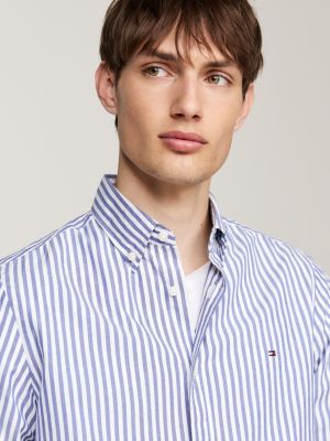 chemise ajustée à rayures en popeline th flex bleu pour hommes tommy hilfiger