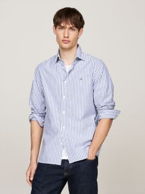 camicia th flex slim fit in popeline a righe blue da uomini tommy hilfiger