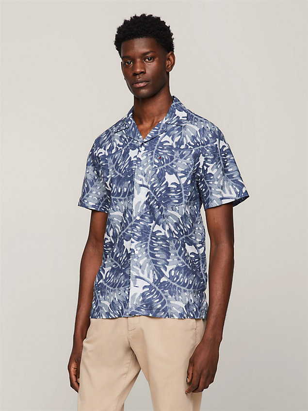 blue tropical print linen regular short sleeve shirt for men tommy hilfiger