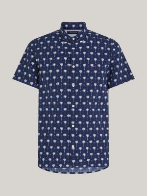 Palm Print Slim Short Sleeve Shirt | Blue | Tommy Hilfiger