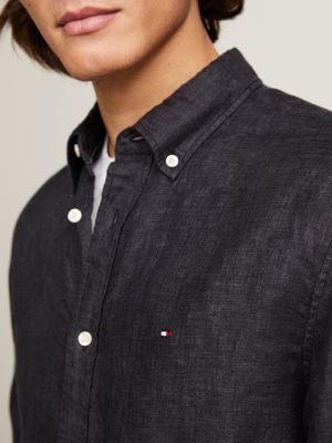 black regular fit pure linen shirt for men tommy hilfiger