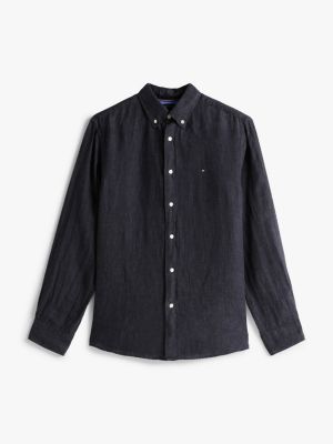 black regular fit pure linen shirt for men tommy hilfiger