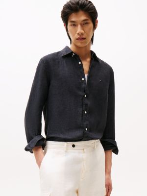 black regular fit pure linen shirt for men tommy hilfiger