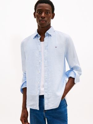 camicia regular fit in puro lino blu da uomini tommy hilfiger