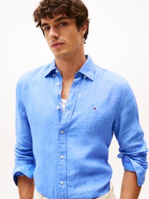 blue pigment dyed linen regular fit shirt for men tommy hilfiger