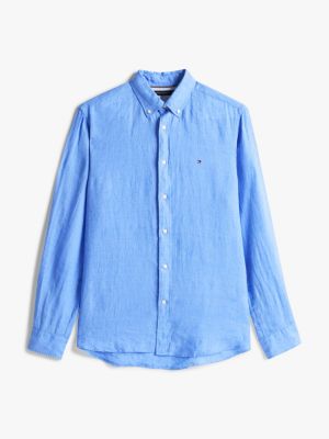 blue regular fit pure linen shirt for men tommy hilfiger