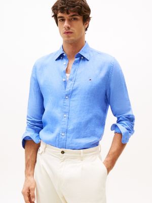 camisa de corte regular en lino blue de hombres tommy hilfiger