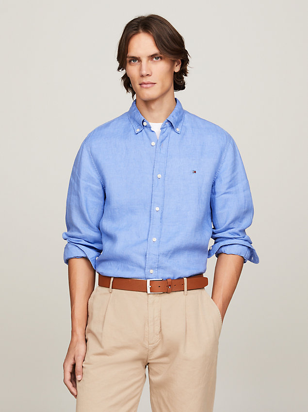 chemise standard teinte par pigments en lin blue pour hommes tommy hilfiger