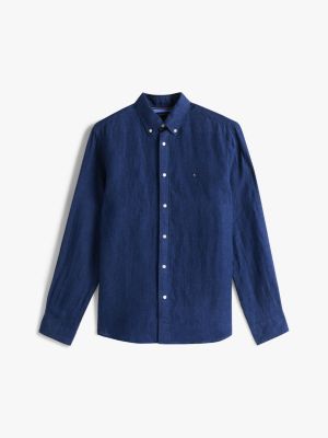 blue regular fit pure linen shirt for men tommy hilfiger