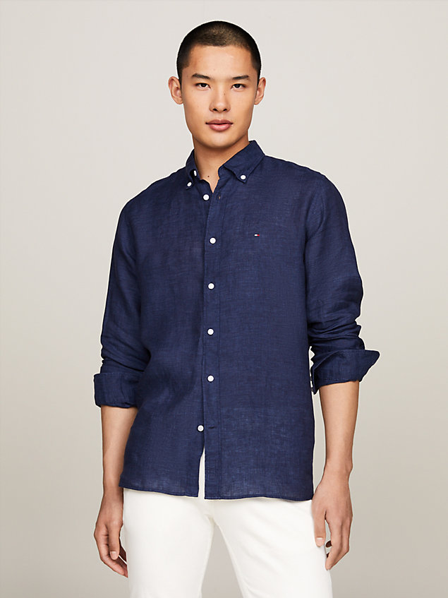 chemise standard teinte par pigments en lin blue pour hommes tommy hilfiger