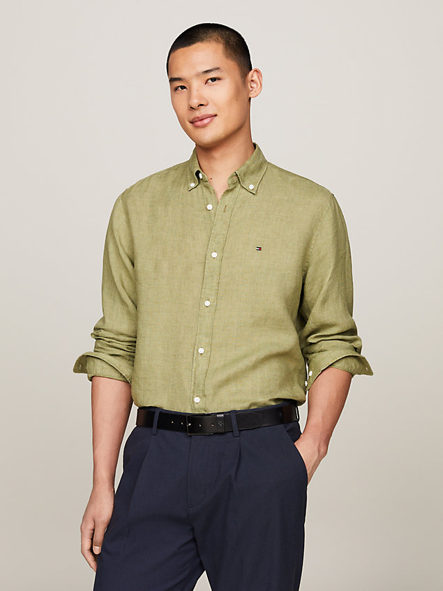 green pigment dyed linen regular fit shirt for men tommy hilfiger