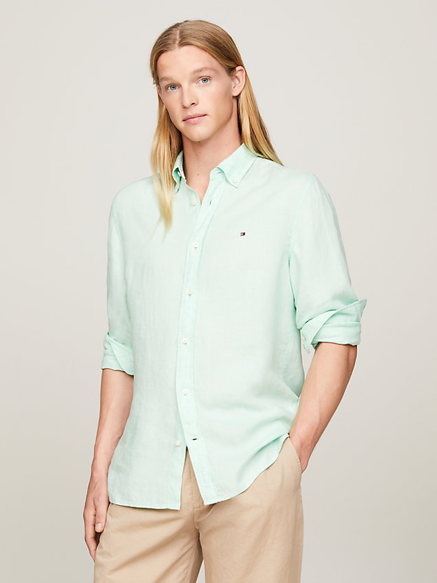 green pigment dyed linen regular fit shirt for men tommy hilfiger