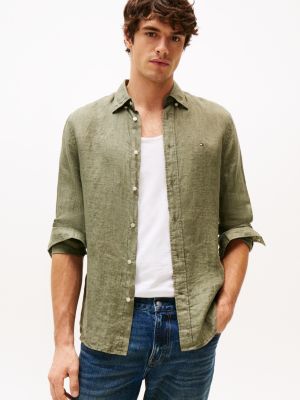 camisa de corte regular en lino khaki de hombres tommy hilfiger