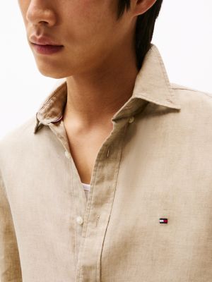 chemise coupe standard en pur lin beige pour hommes tommy hilfiger