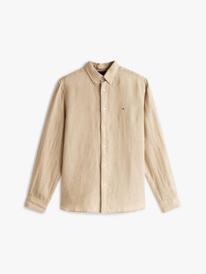 chemise coupe standard en pur lin beige pour hommes tommy hilfiger