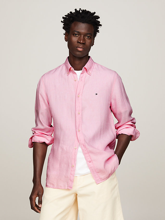 pink pigment dyed linen regular fit shirt for men tommy hilfiger