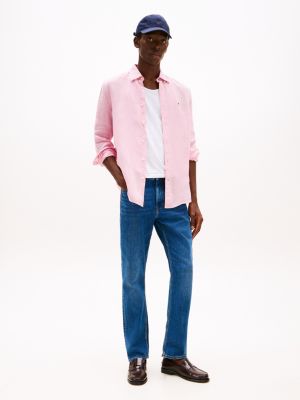 pink regular fit pure linen shirt for men tommy hilfiger