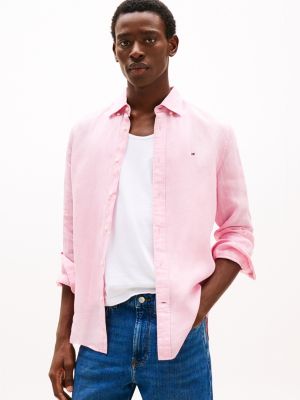 pink regular fit pure linen shirt for men tommy hilfiger