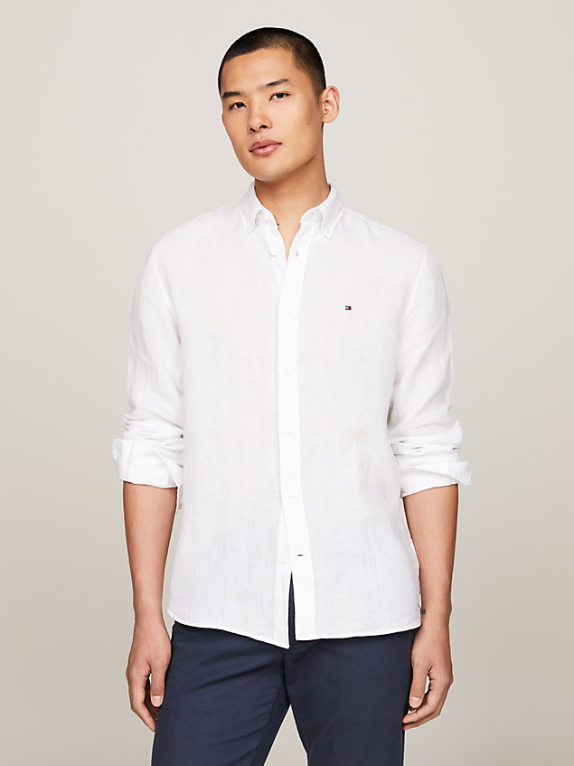 white regular fit hemd aus pigmentgefärbtem leinen für herren - tommy hilfiger