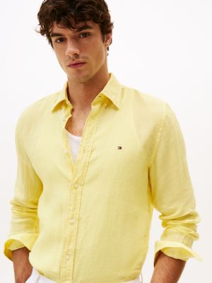 yellow regular fit pure linen shirt for men tommy hilfiger