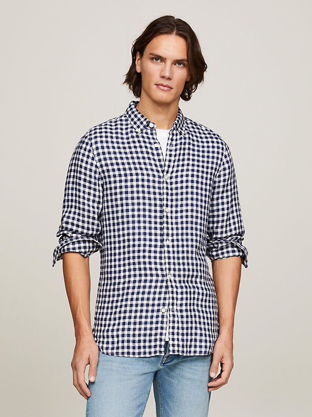 chemise ajustée à carreaux vichy en lin blue pour hommes tommy hilfiger