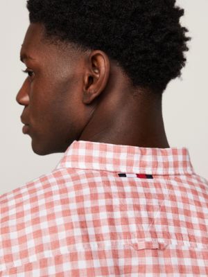 pink linen gingham check slim shirt for men tommy hilfiger