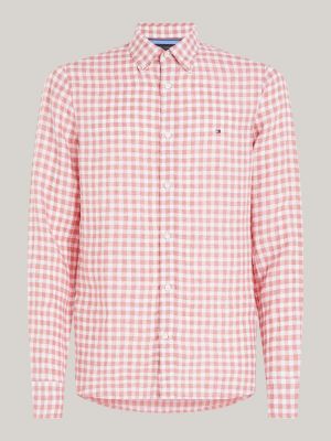 pink linen gingham check slim shirt for men tommy hilfiger