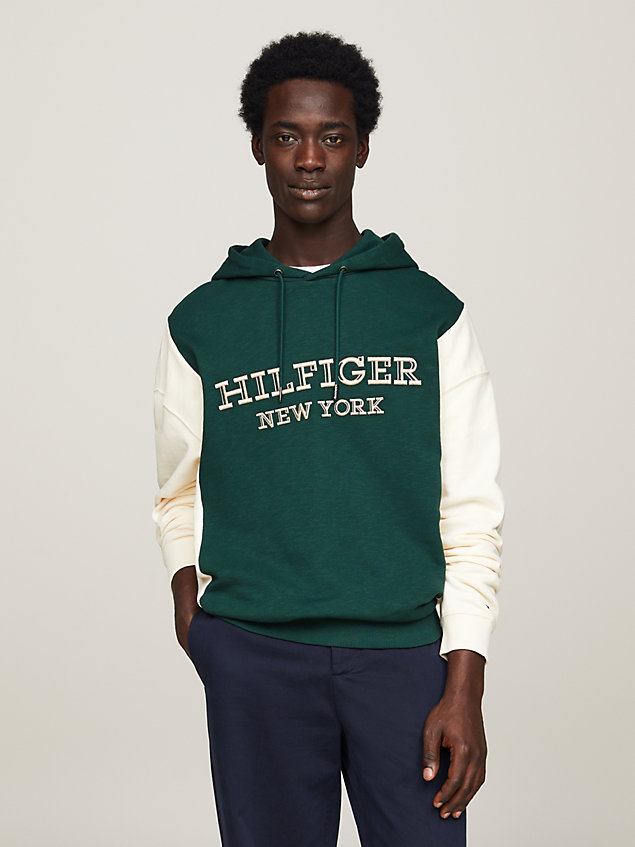green colour-blocked hoodie met monotype-logo voor heren - tommy hilfiger