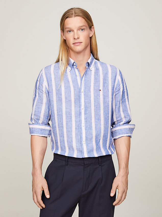blue linen triple stripe regular fit shirt for men tommy hilfiger