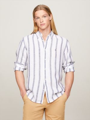 camisa regular de lino con diseño de rayas white de hombres tommy hilfiger
