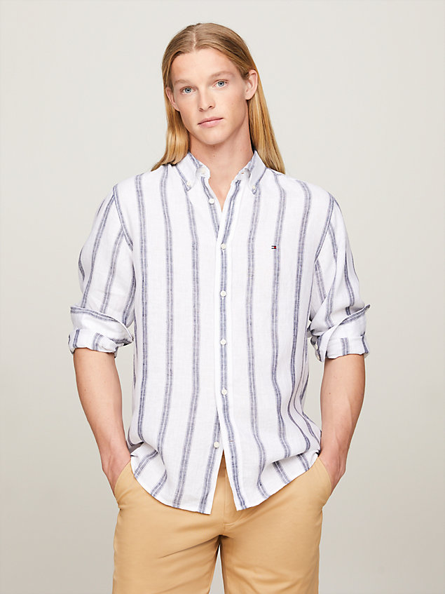white linen triple stripe regular fit shirt for men tommy hilfiger